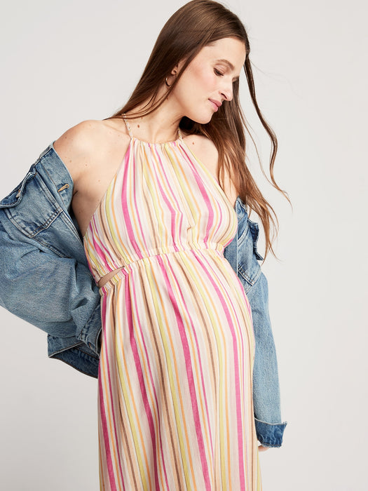 Maternity Waist-Defined Striped Halter Maxi Dress