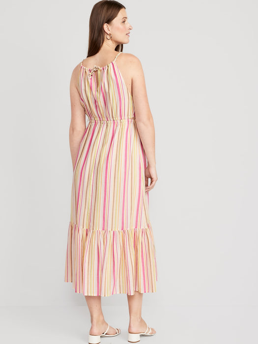 Maternity Waist-Defined Striped Halter Maxi Dress