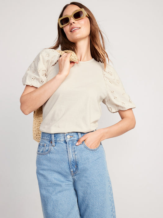 Puff-Sleeve Cutwork Top for Women