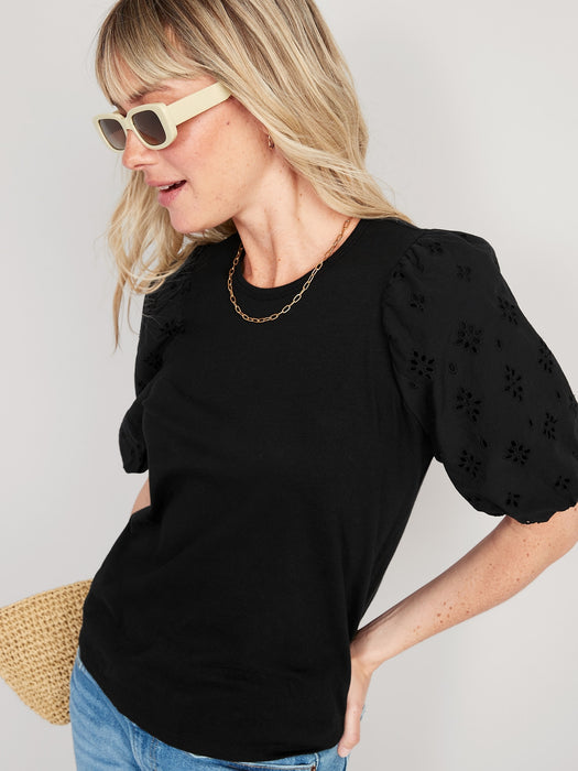 Puff-Sleeve Cutwork Top for Women