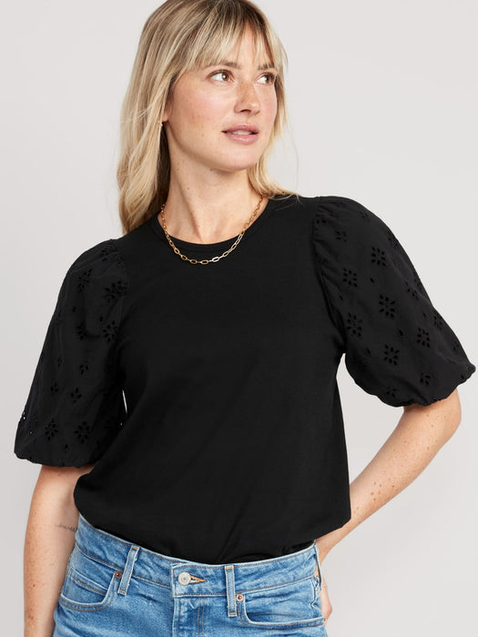 Puff-Sleeve Cutwork Top for Women