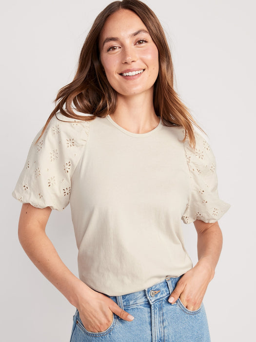 Puff-Sleeve Cutwork Top for Women