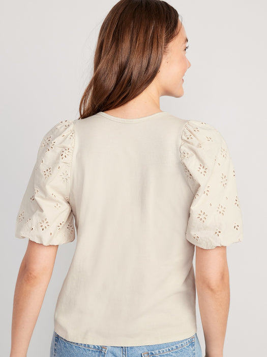Puff-Sleeve Cutwork Top for Women