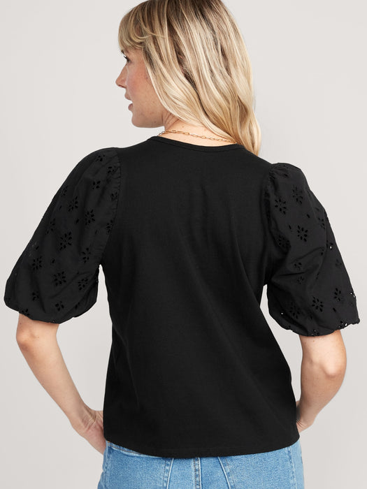 Puff-Sleeve Cutwork Top for Women