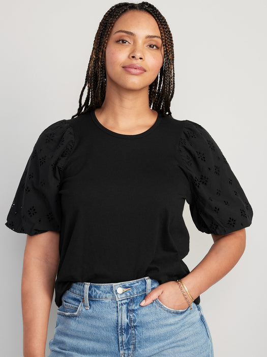 Puff-Sleeve Cutwork Top for Women