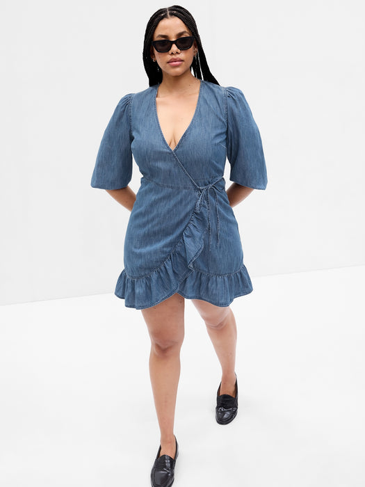 100% Organic Cotton Denim Mini Wrap Dress with Washwell