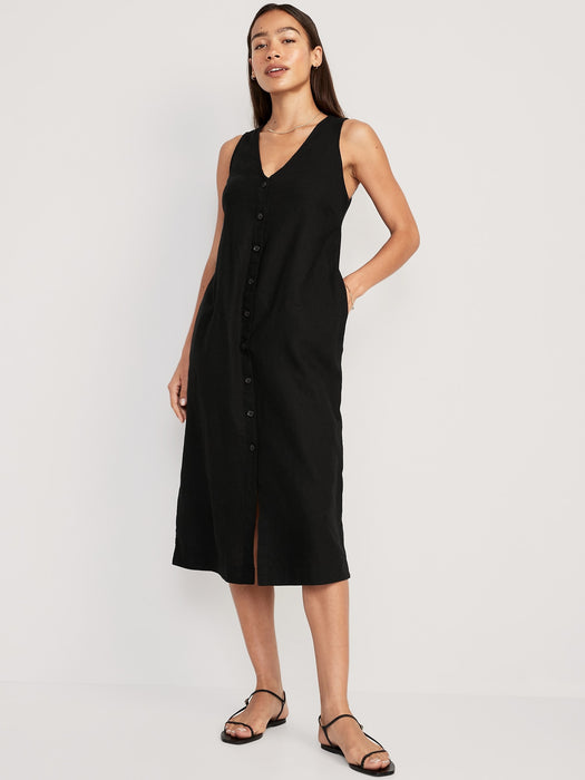 Sleeveless Button-Front Linen-Blend Maxi Shift Dress for Women
