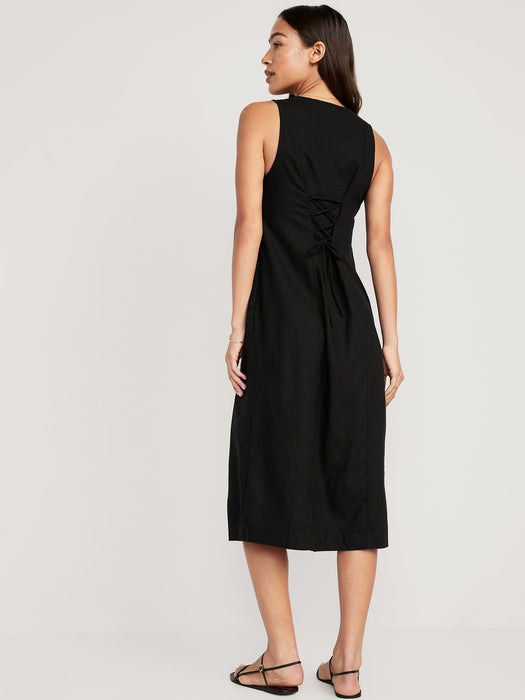 Sleeveless Button-Front Linen-Blend Maxi Shift Dress for Women