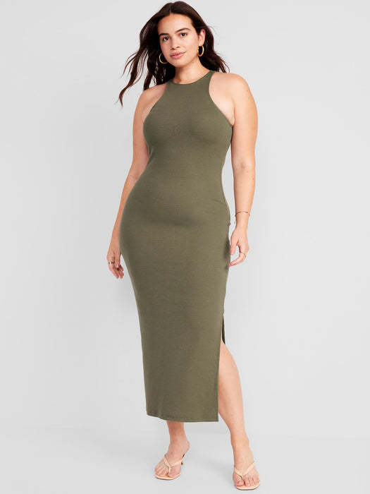 Fitted High-Neck Rib-Knit Maxi Dress for Women