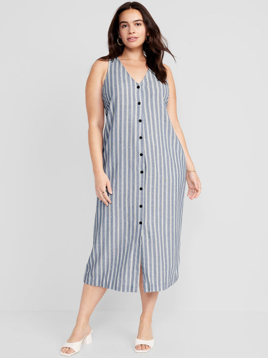 Sleeveless Linen-Blend Button-Front Midi Shift Dress for Women