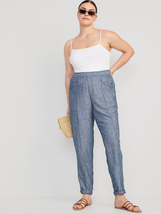 High-Waisted Chambray Cropped Linen-Blend Tapered Pants for Women