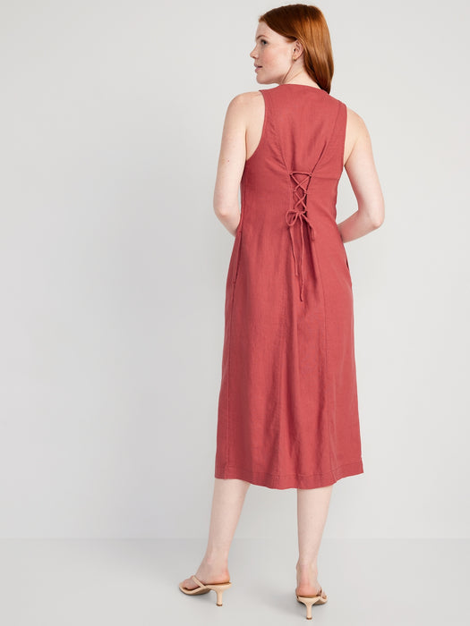 Sleeveless Button-Front Linen-Blend Maxi Shift Dress for Women