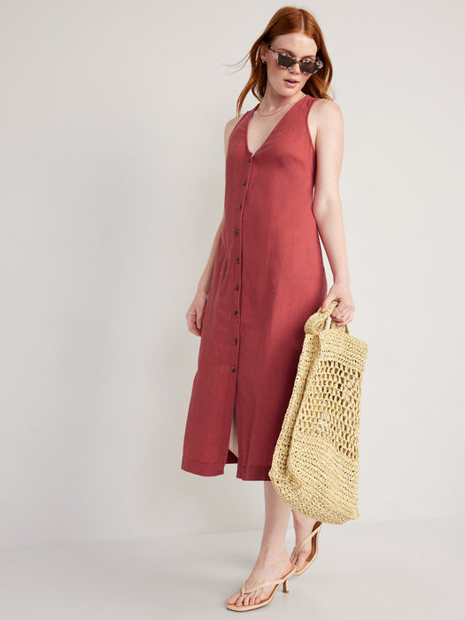 Sleeveless Button-Front Linen-Blend Maxi Shift Dress for Women