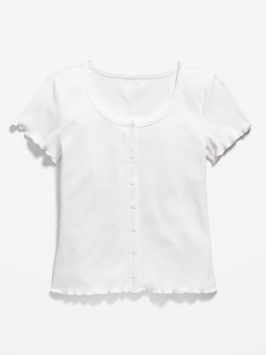 Rib-Knit Lettuce-Edge Button-Front T-Shirt for Girls