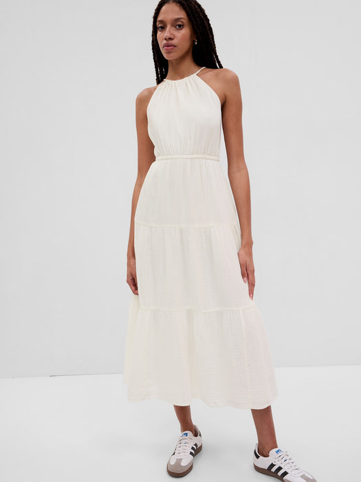 Crinkle Gauze Halter Keyhole Tiered Maxi Dress