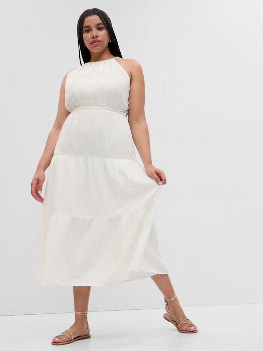 Crinkle Gauze Halter Keyhole Tiered Maxi Dress