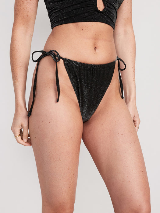 High-Waisted Metallic Shine String Bikini Swim Bottoms