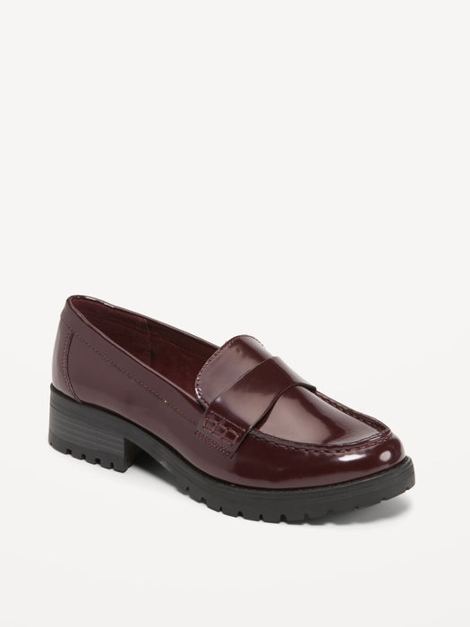 Faux-Leather Chunky Heel Loafers