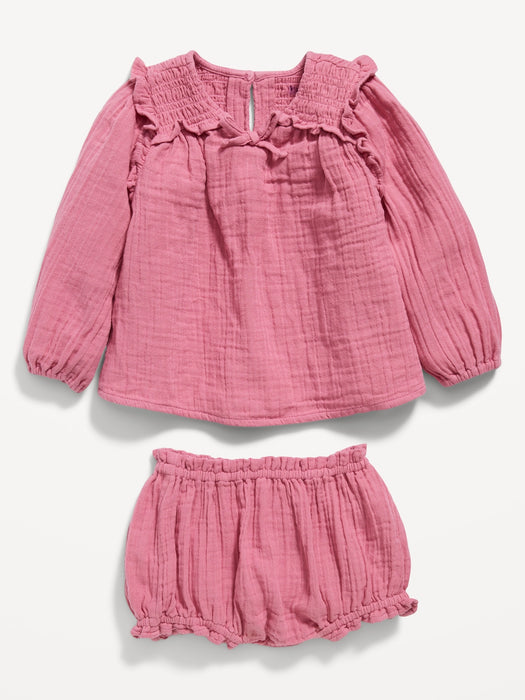 Long-Sleeve Double-Weave Smocked Top & Bloomer Shorts Set for Baby