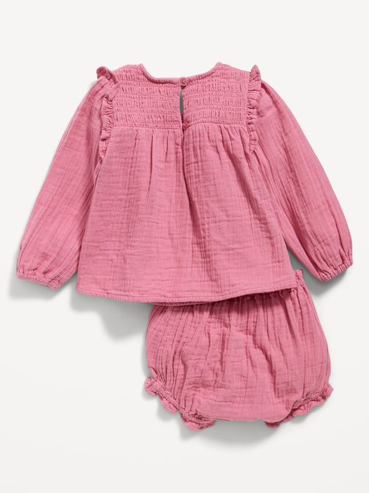 Long-Sleeve Double-Weave Smocked Top & Bloomer Shorts Set for Baby