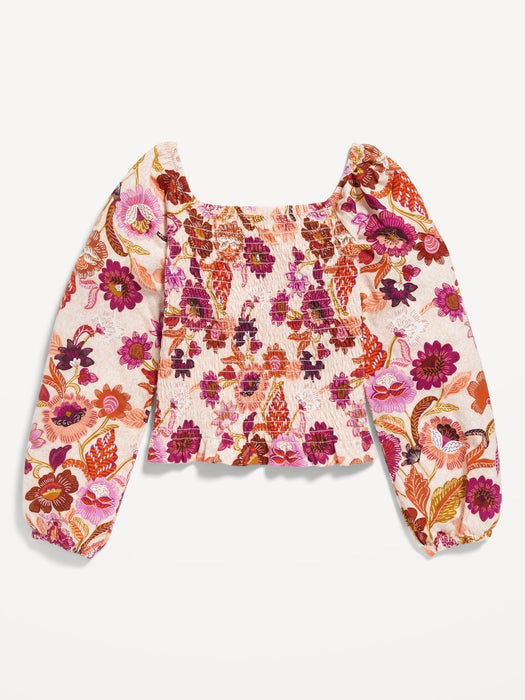 Long-Sleeve Printed Jersey-Knit Smocked Top for Girls