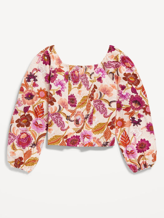 Long-Sleeve Printed Jersey-Knit Smocked Top for Girls