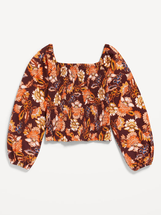 Long-Sleeve Printed Jersey-Knit Smocked Top for Girls