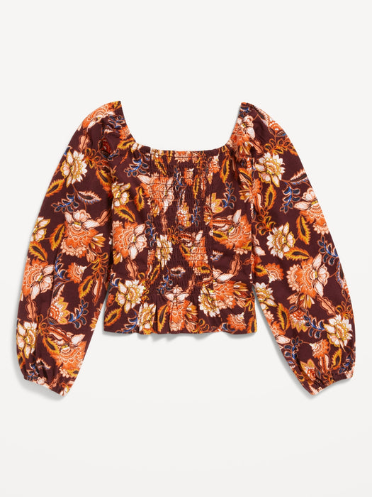 Long-Sleeve Printed Jersey-Knit Smocked Top for Girls