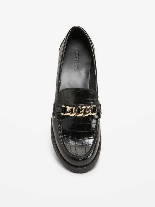 Faux Leather Chunky Heel Loafers