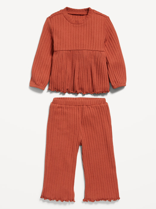 Rib-Knit Peplum Top & Wide-Leg Pants Set for Baby