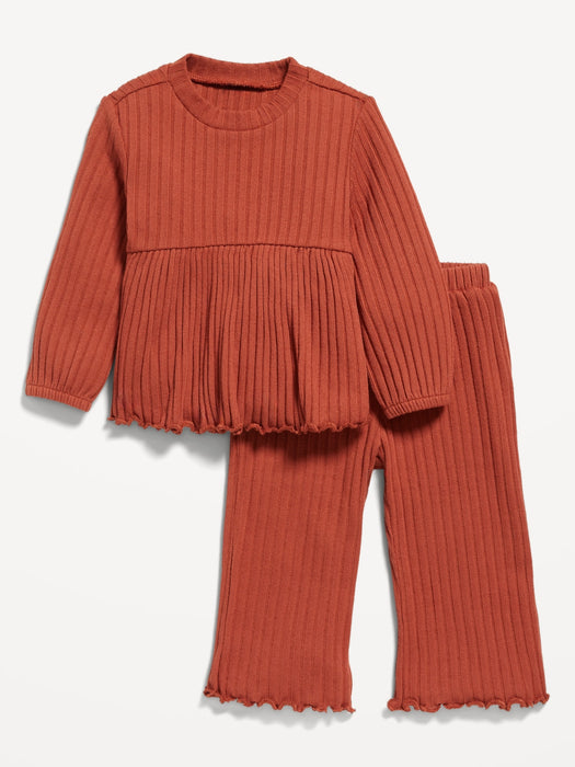 Rib-Knit Peplum Top & Wide-Leg Pants Set for Baby