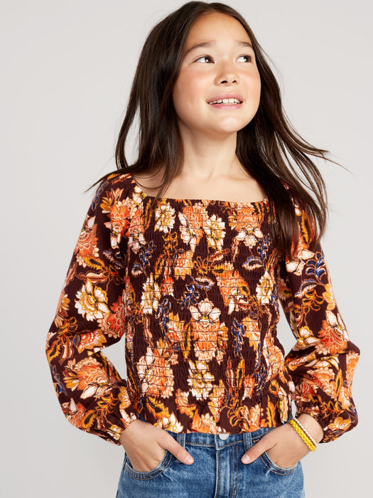 Long-Sleeve Printed Jersey-Knit Smocked Top for Girls