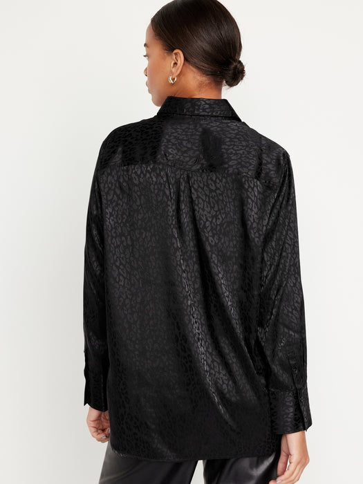 Textured Satin Button-Down Boyfriend Shirt