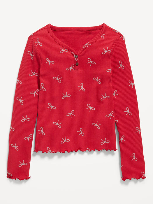 Rib-Knit Lettuce-Edge Henley T-Shirt for Girls