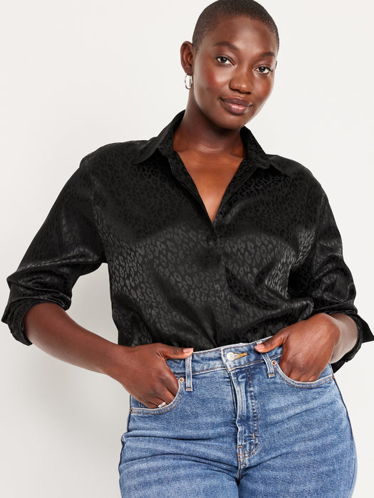 Textured Satin Button-Down Boyfriend Shirt