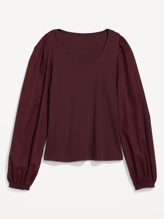 Puff-Sleeve Mixed Material Top