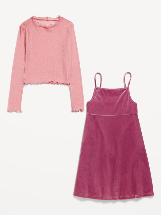 Velvet Fit & Flare Cami Dress & Metallic-Shimmer Top Set for Girls
