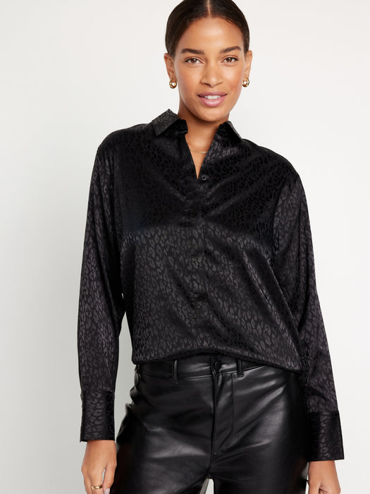 Textured Satin Button-Down Boyfriend Shirt