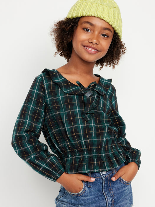 Long-Sleeve Plaid Ruffle-Trim Top for Girls