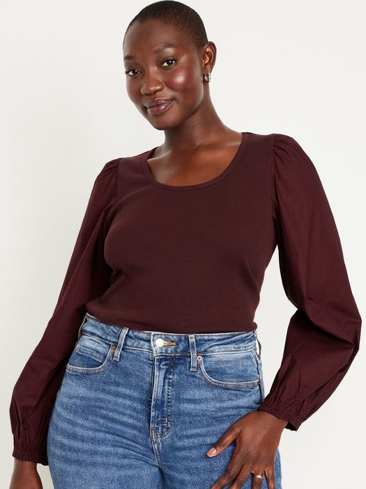 Puff-Sleeve Mixed Material Top