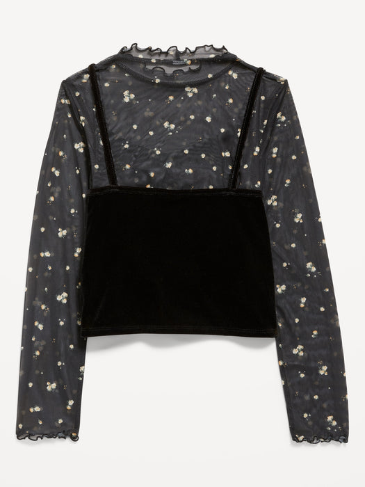 2-In-1 Velvet Cami & Printed Sheer Top for Girls