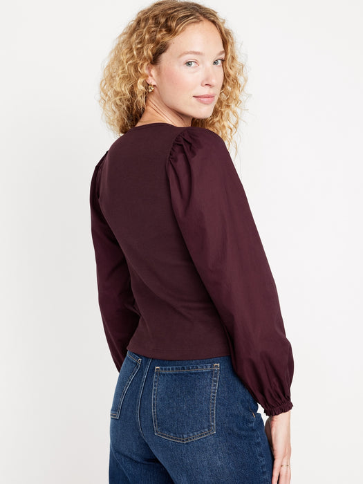 Puff-Sleeve Mixed Material Top