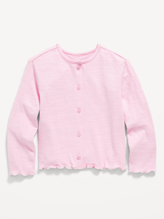 Button-Front Lettuce-Edge Cardigan Sweater for Toddler Girls