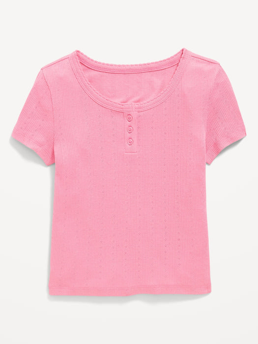 Short-Sleeve Pointelle-Knit Henley Top for Girls