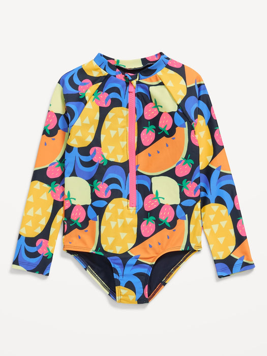 Printed Zip-Front Rashguard One-Piece Swimsuit for Toddler Girls