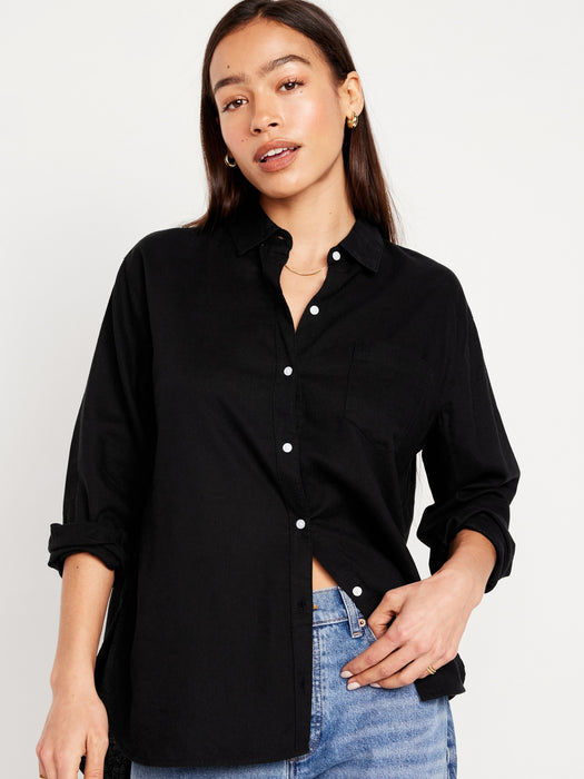 Linen-Blend Button-Down Boyfriend Shirt