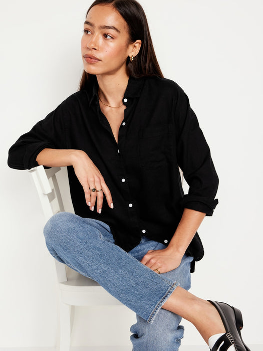 Linen-Blend Button-Down Boyfriend Shirt