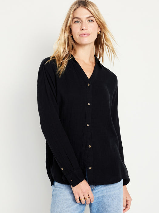 Crinkle Gauze Button-Down Boyfriend Shirt