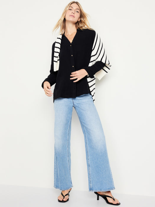 Crinkle Gauze Button-Down Boyfriend Shirt