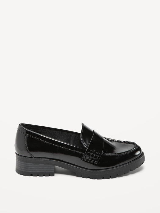 Faux-Leather Chunky Heel Loafers